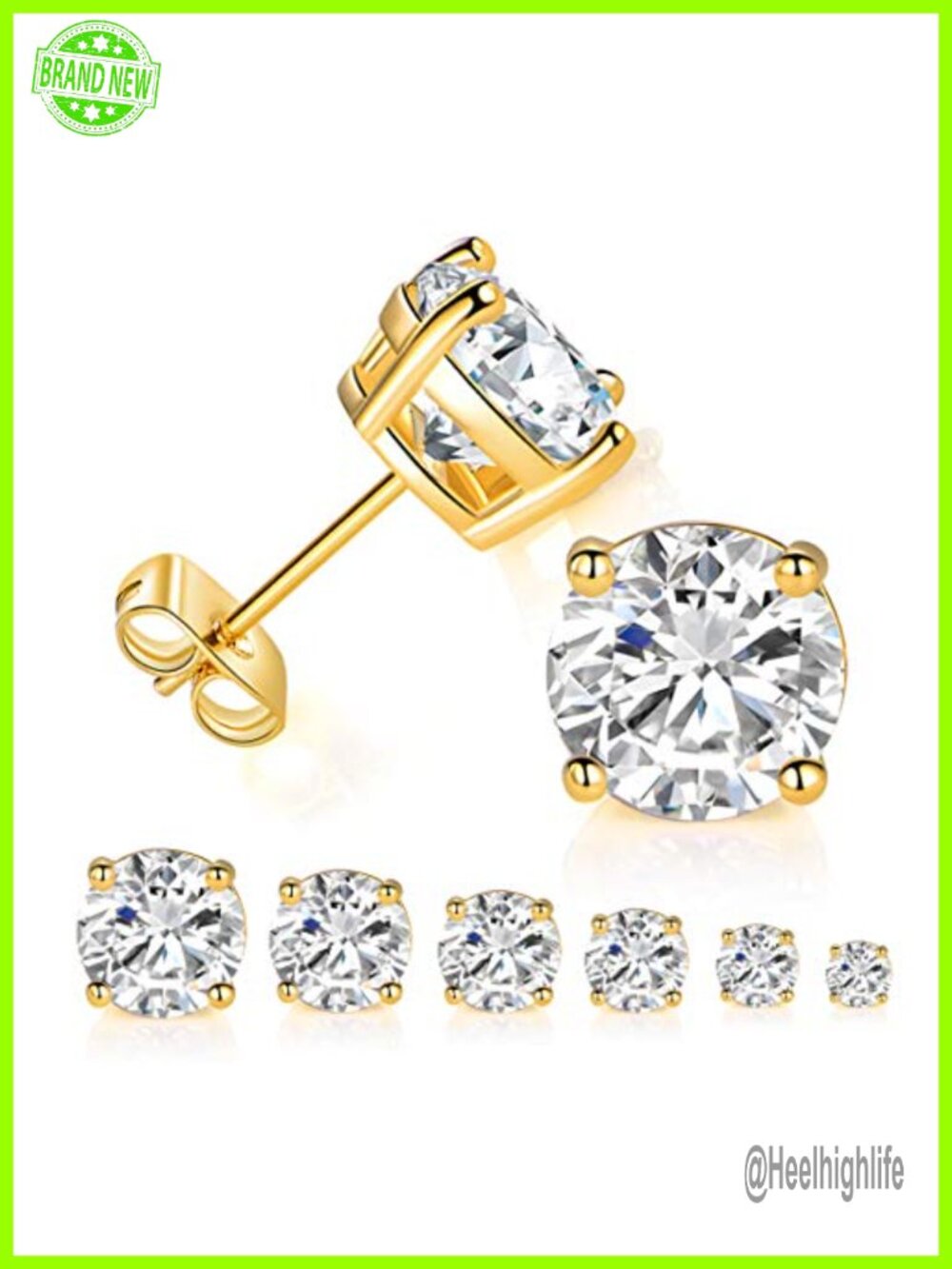 14K Yellow Gold Plated Round Cut Cubic Zirconia Stud Earring Pack 6 Pairs